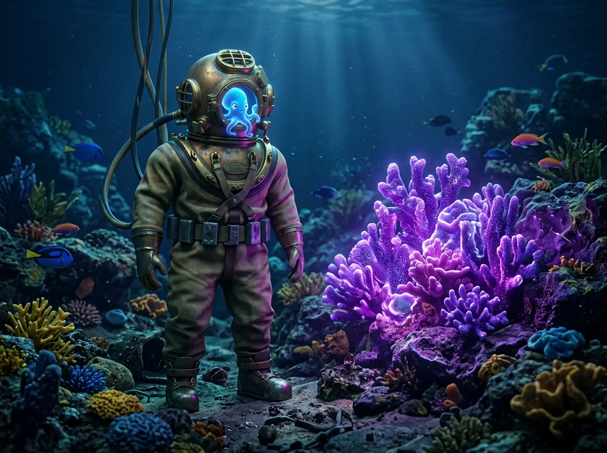 Vintage brass diving suit in glowing purple coral