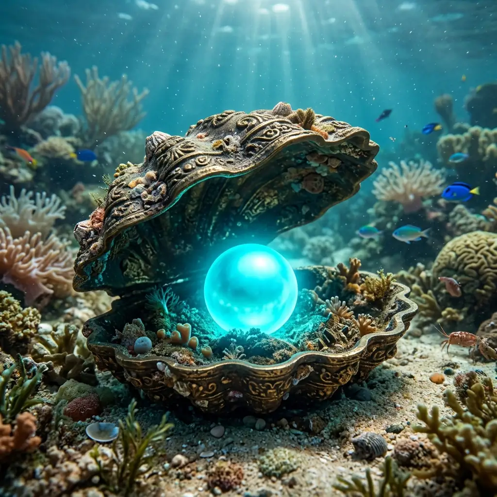 Glowing cyan pearl inside an open bronze clam shell