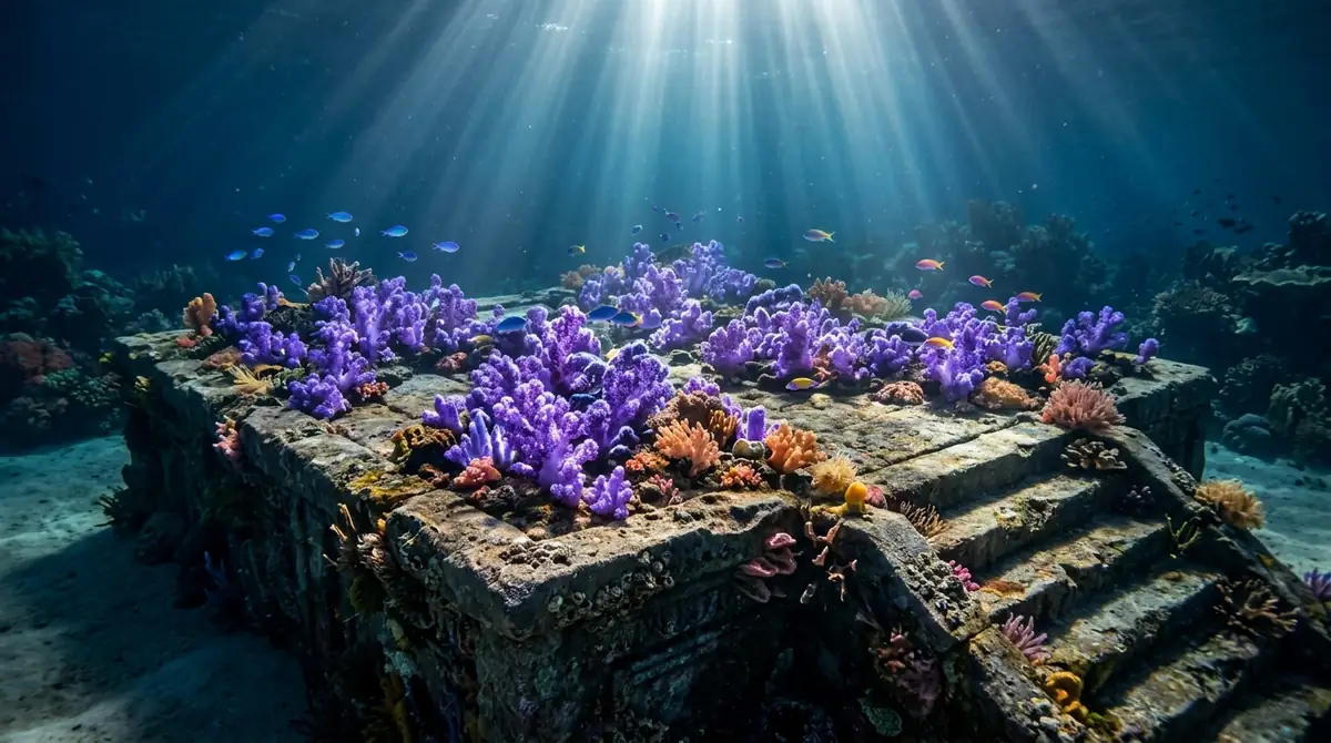 Ancient stone table with glowing coral