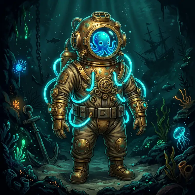 Captain Barnacles Mascot - glowing neon-blue octopus in vintage helmet