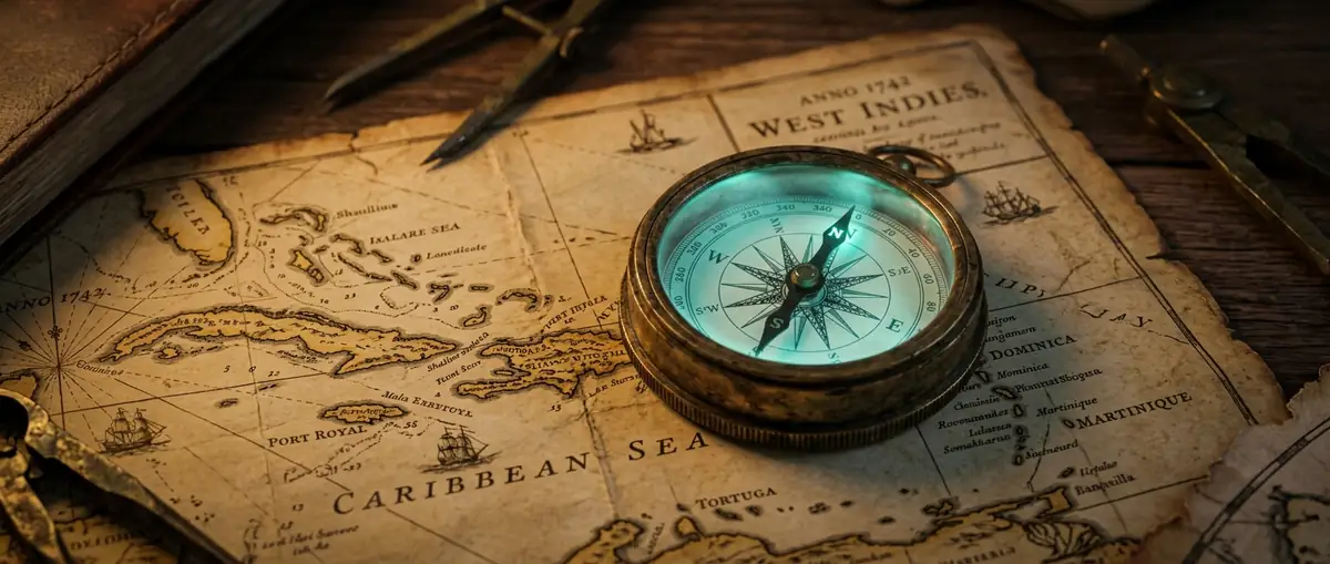 Antique brass compass glowing softly teal